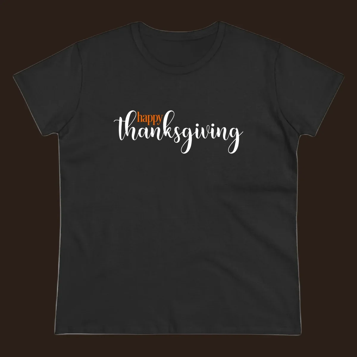 Happy Thanksgiving script design with orange 'happy' and white 'thanksgiving'.