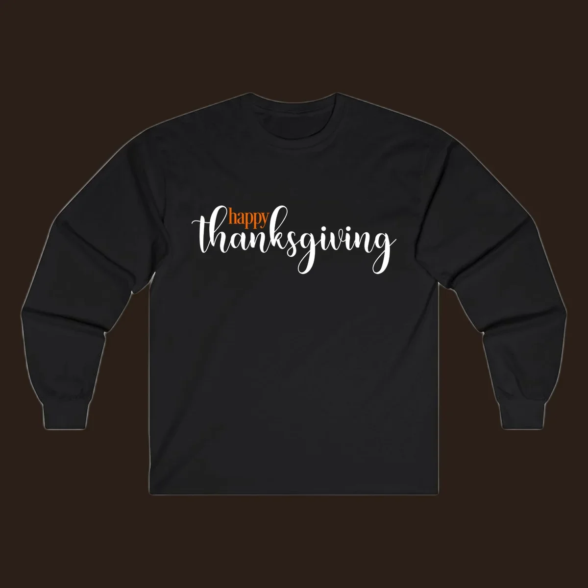 Happy Thanksgiving script design with orange 'happy' and white 'thanksgiving'.