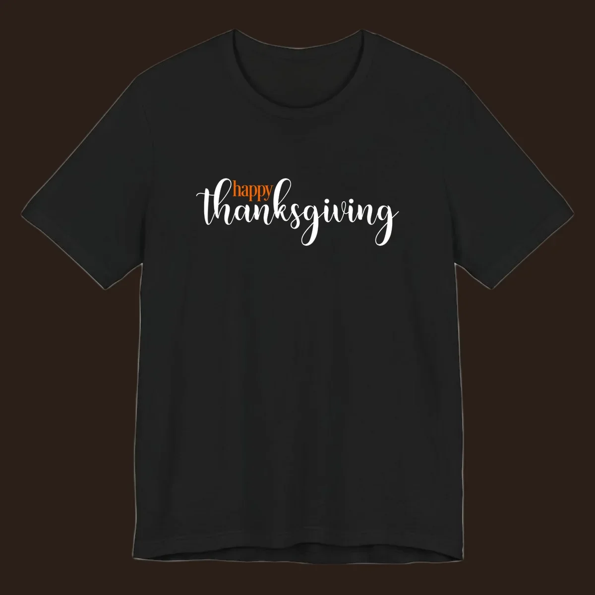Happy Thanksgiving script design with orange 'happy' and white 'thanksgiving'.