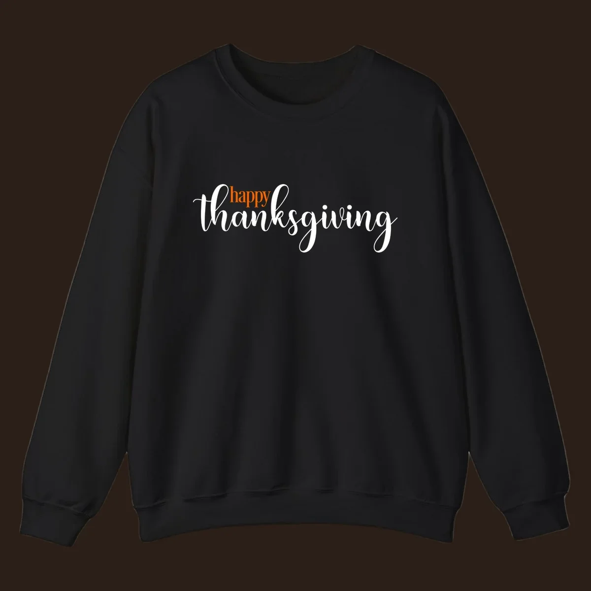 Happy Thanksgiving script design with orange 'happy' and white 'thanksgiving'.