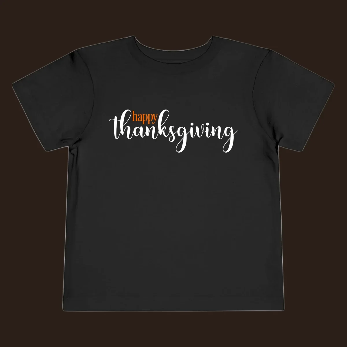 Happy Thanksgiving script design with orange 'happy' and white 'thanksgiving'.
