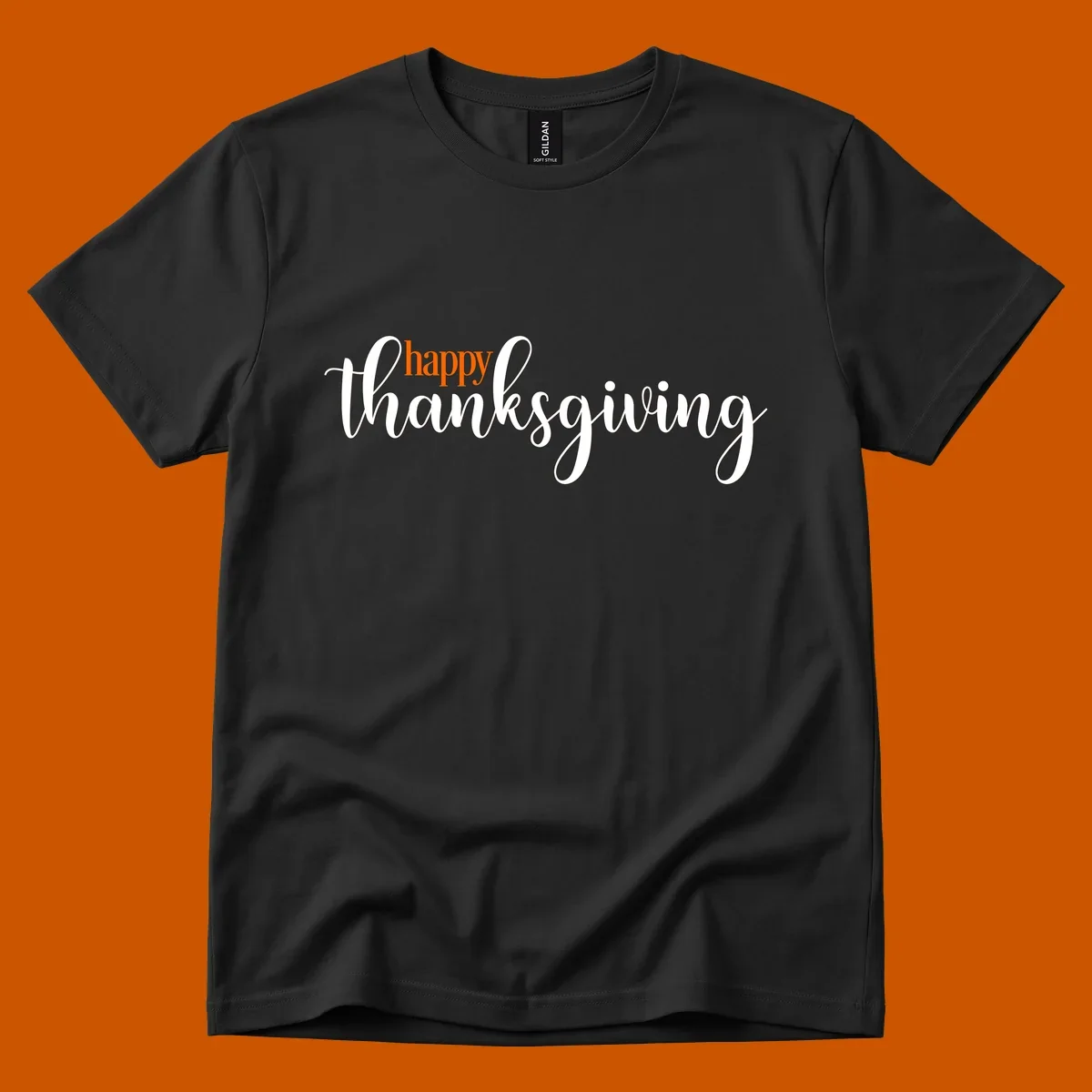Happy Thanksgiving script design with orange 'happy' and white 'thanksgiving'.