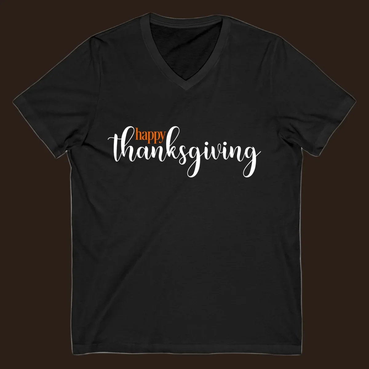 Happy Thanksgiving script design with orange 'happy' and white 'thanksgiving'.