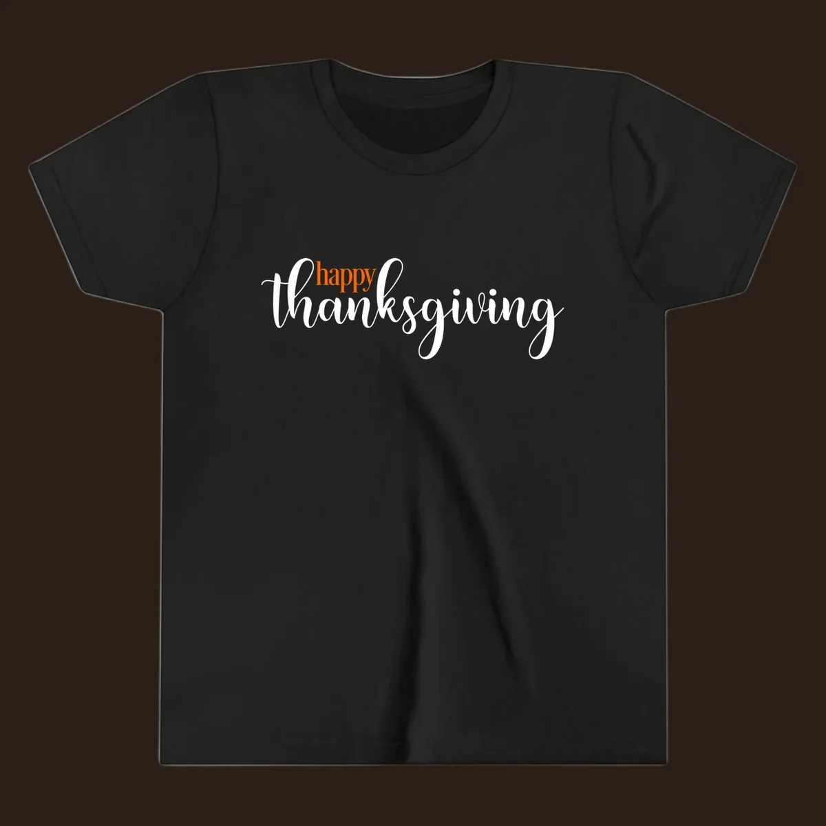 Happy Thanksgiving script design with orange 'happy' and white 'thanksgiving'.