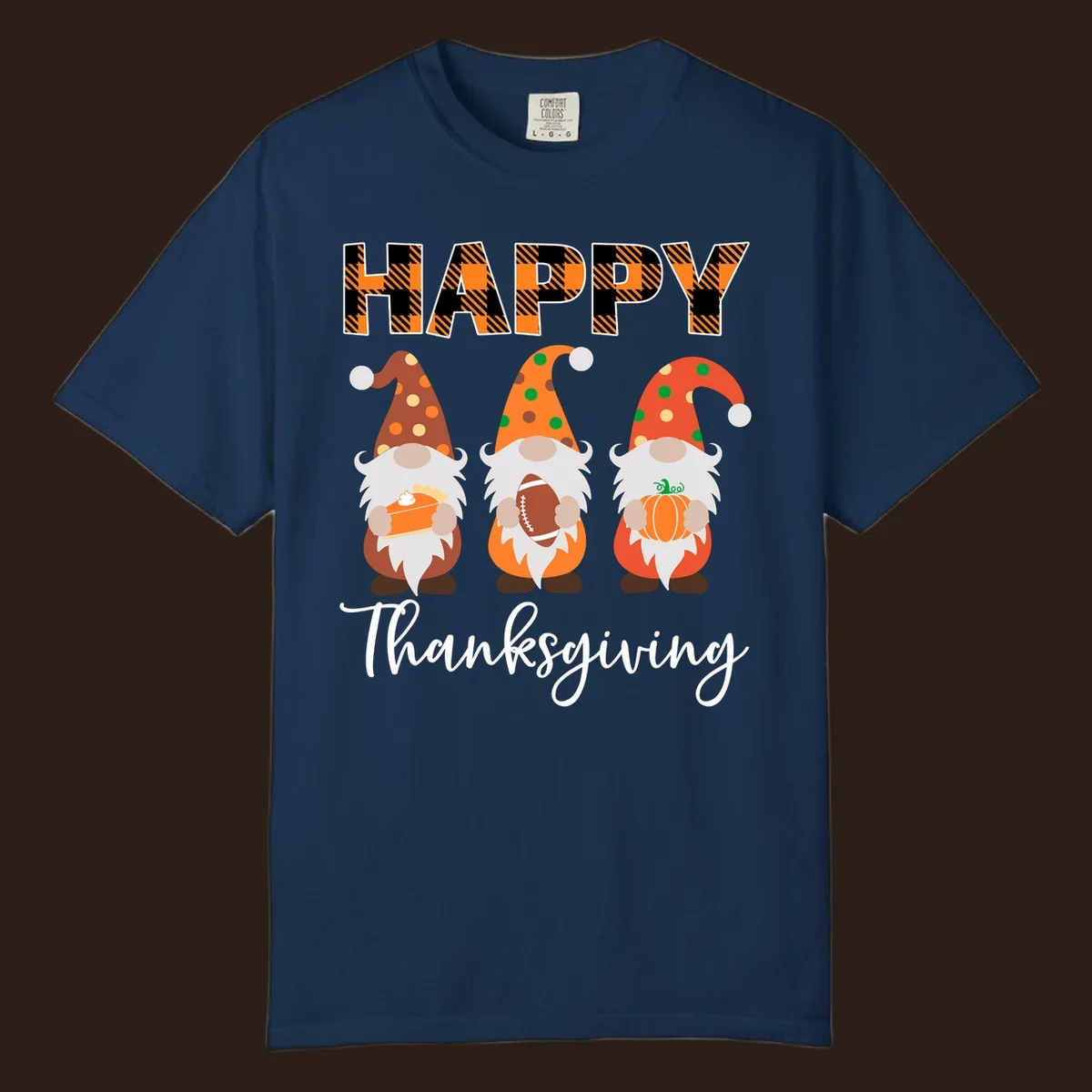 Happy Thanksgiving design with three gnomes holding pie, football, and pumpkin.