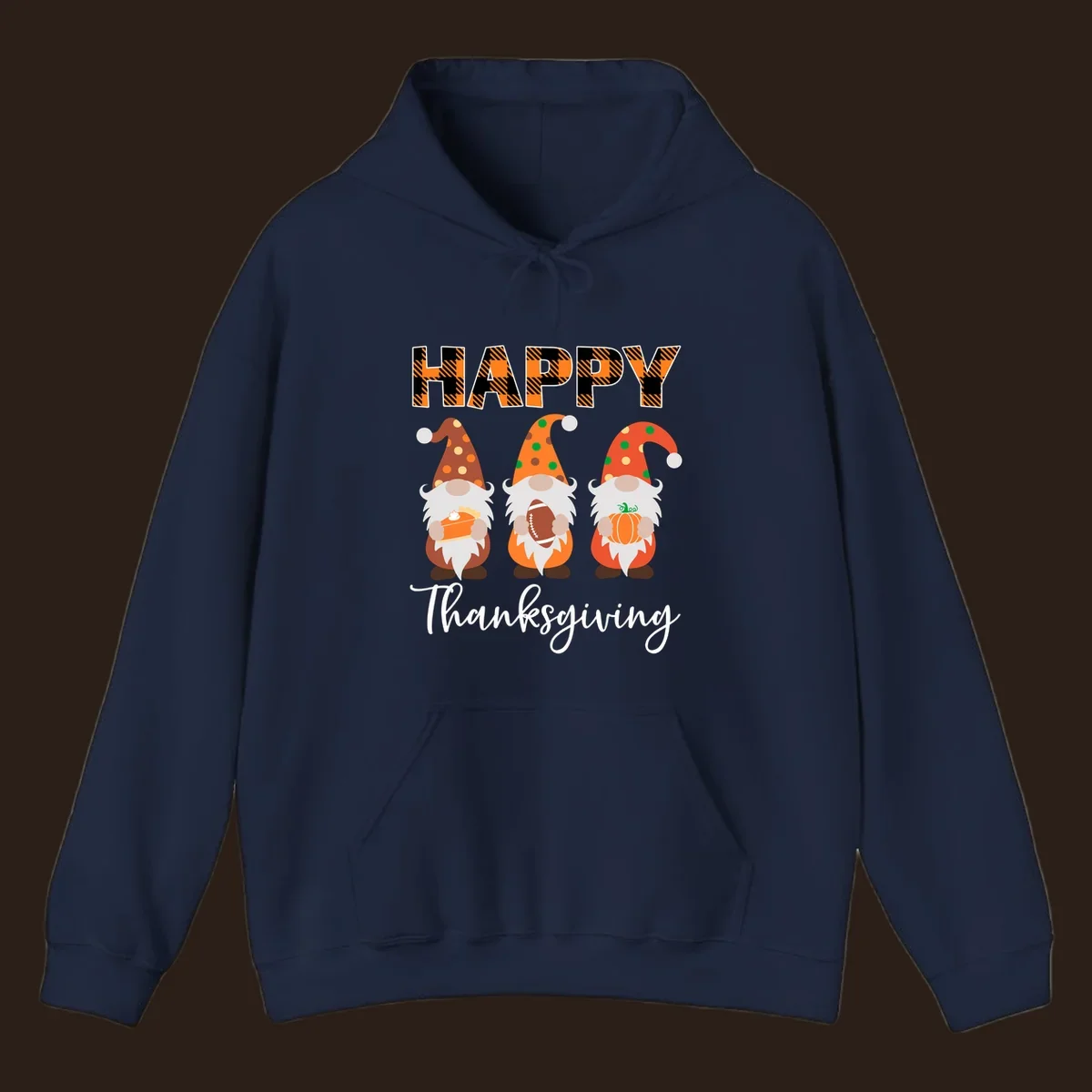 Happy Thanksgiving design with three gnomes holding pie, football, and pumpkin.