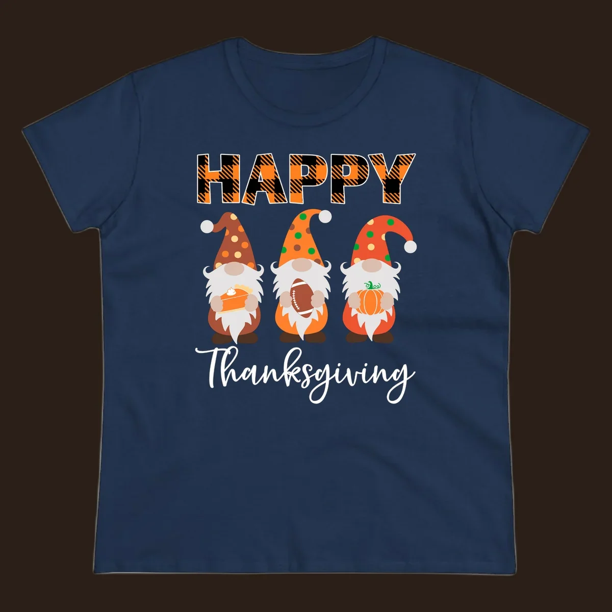 Happy Thanksgiving design with three gnomes holding pie, football, and pumpkin.