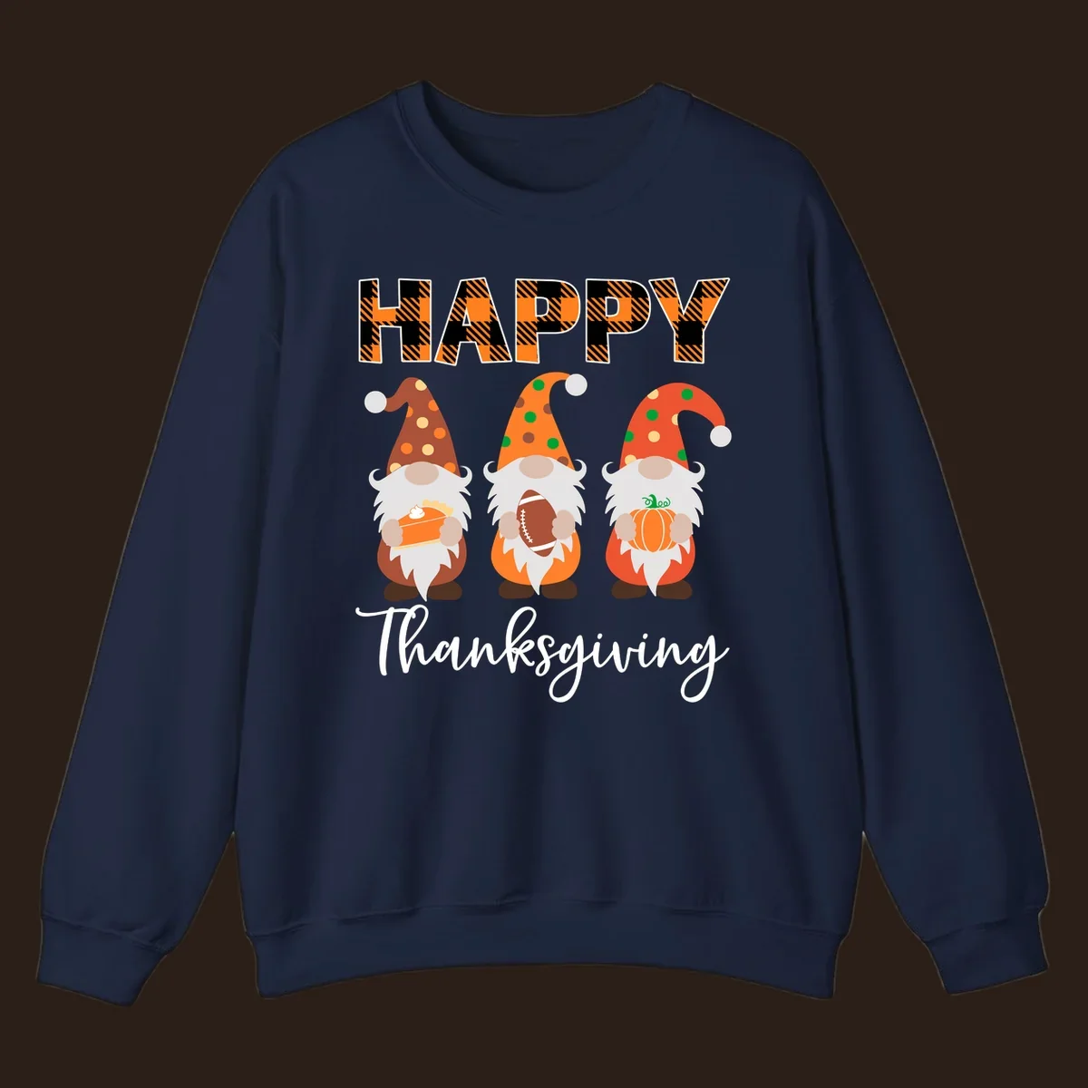 Happy Thanksgiving design with three gnomes holding pie, football, and pumpkin.
