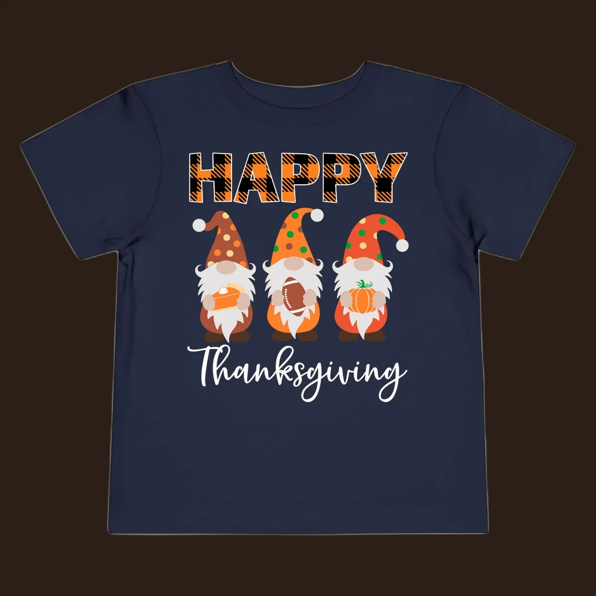 Happy Thanksgiving design with three gnomes holding pie, football, and pumpkin.
