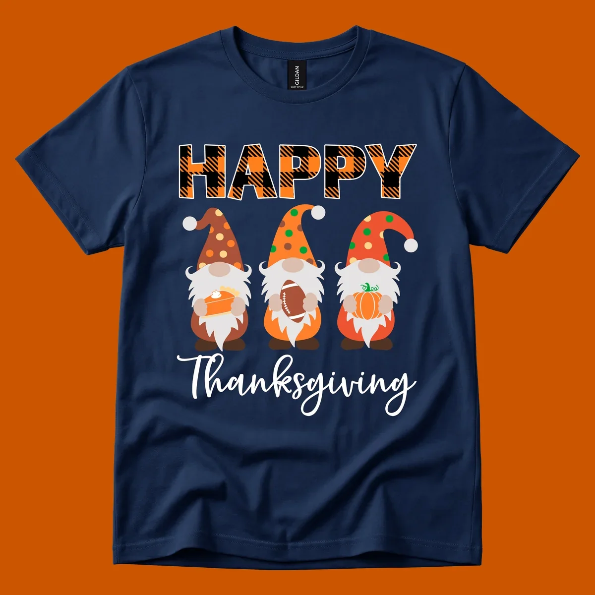 Happy Thanksgiving design with three gnomes holding pie, football, and pumpkin.