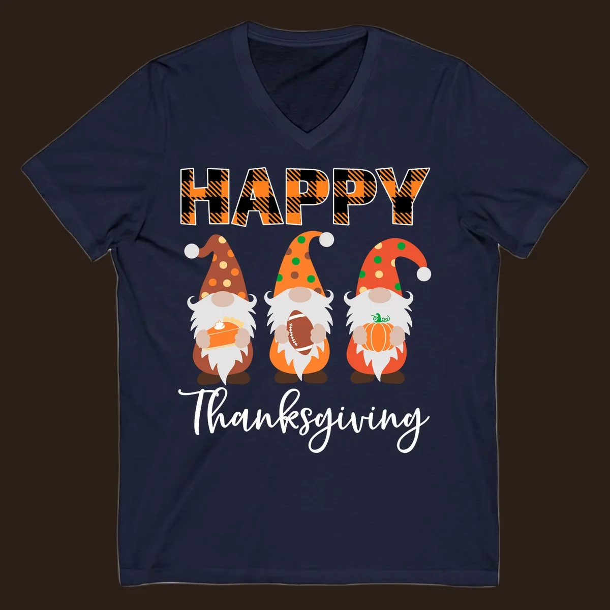 Happy Thanksgiving design with three gnomes holding pie, football, and pumpkin.