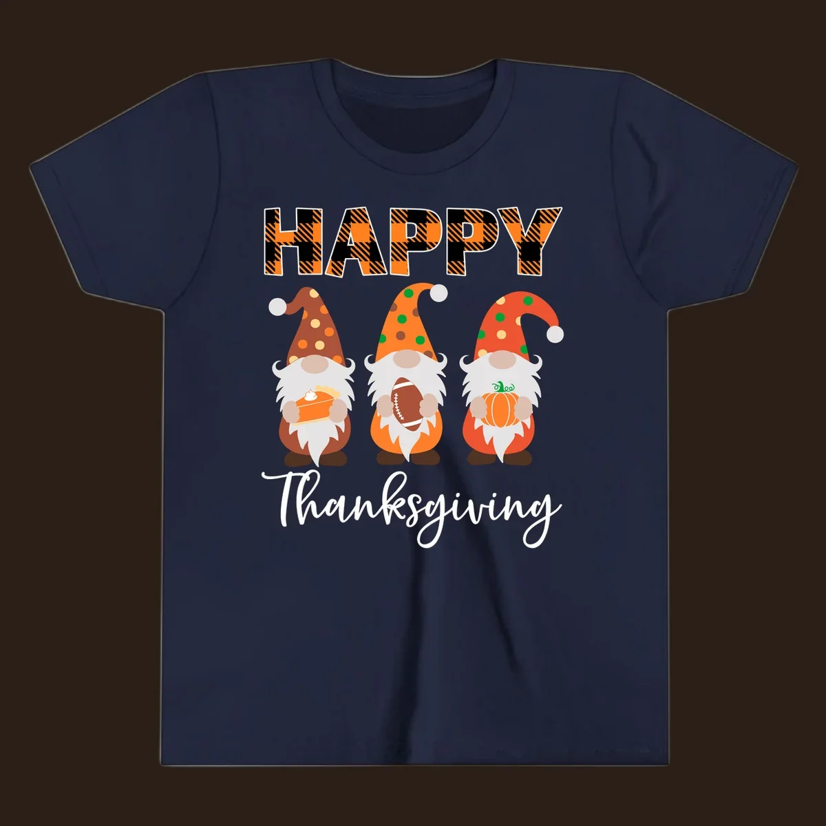 Happy Thanksgiving design with three gnomes holding pie, football, and pumpkin.