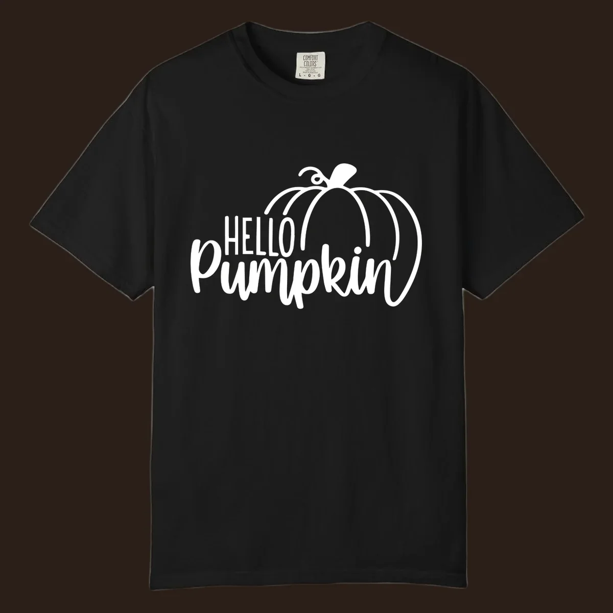 White hello pumpkin text with a pumpkin illustration, autumn holiday design