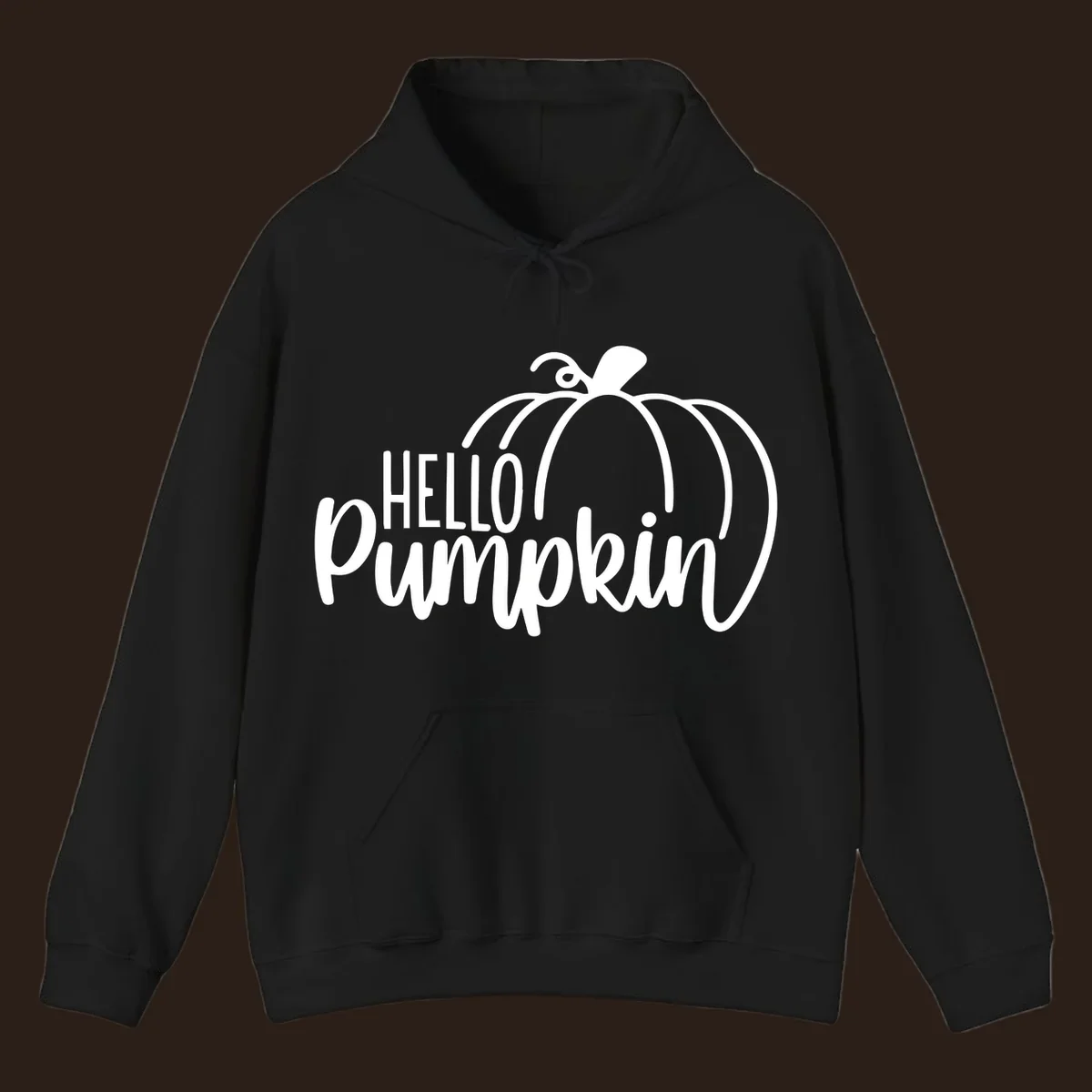 White hello pumpkin text with a pumpkin illustration, autumn holiday design
