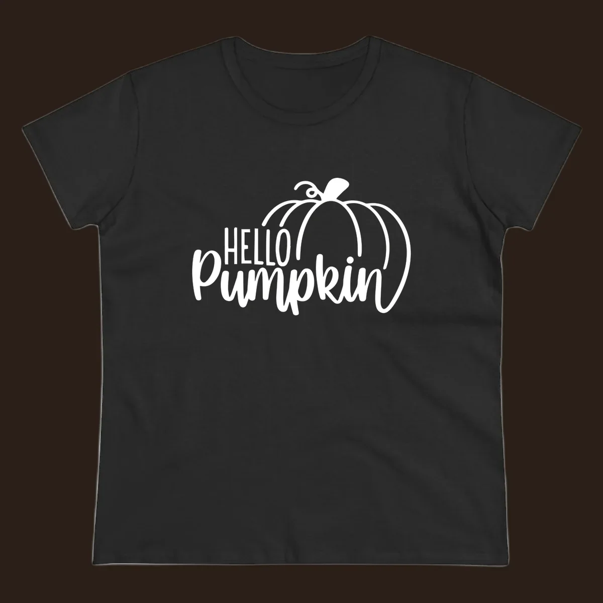 White hello pumpkin text with a pumpkin illustration, autumn holiday design