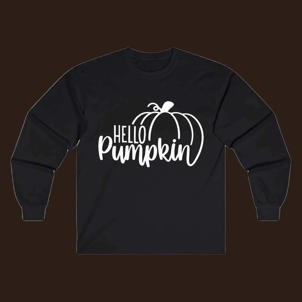White hello pumpkin text with a pumpkin illustration, autumn holiday design