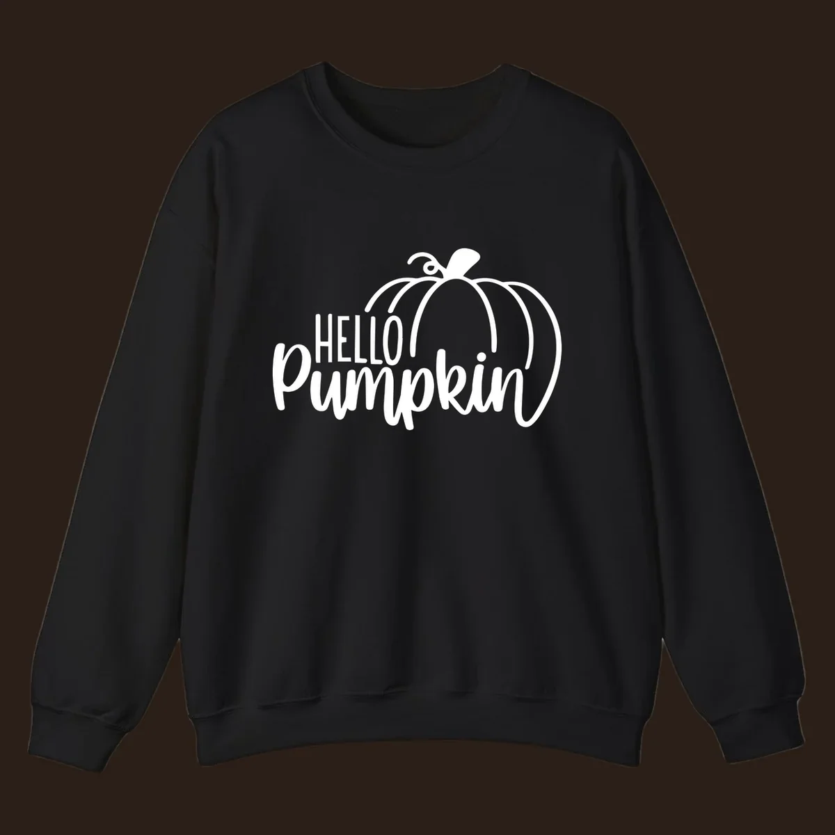White hello pumpkin text with a pumpkin illustration, autumn holiday design