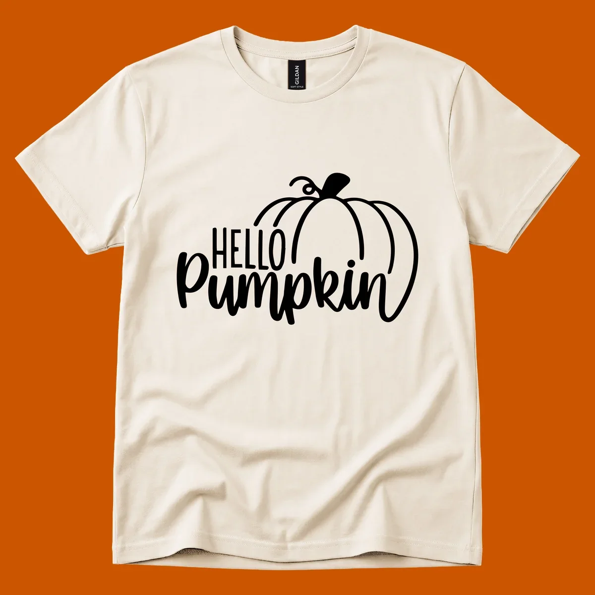 White hello pumpkin text with a pumpkin illustration, autumn holiday design