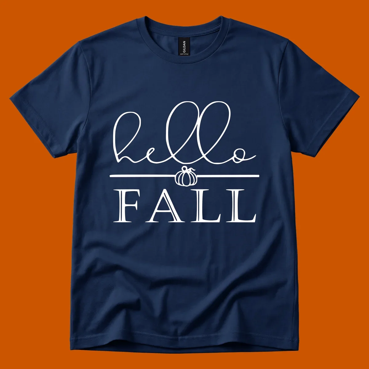 Hello fall pumpkin graphic with text and illustration