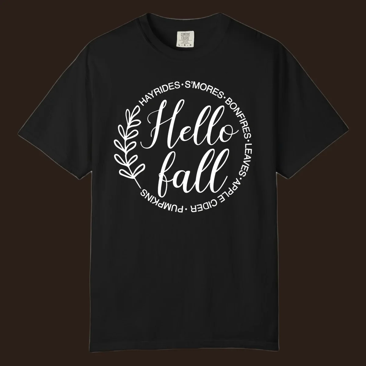 Hello fall seasonal wreath with activities text, white on black and white backgrounds.