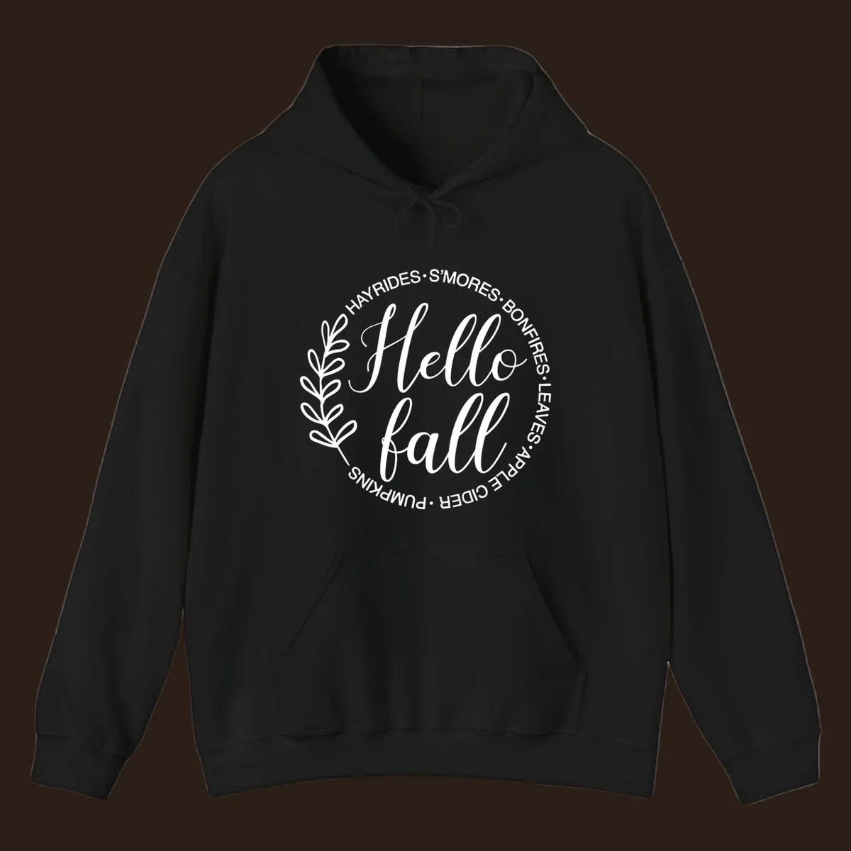 Hello fall seasonal wreath with activities text, white on black and white backgrounds.