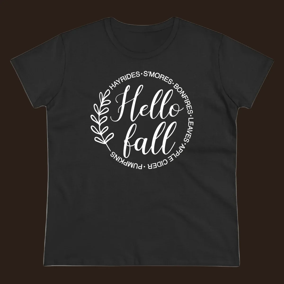 Hello fall seasonal wreath with activities text, white on black and white backgrounds.