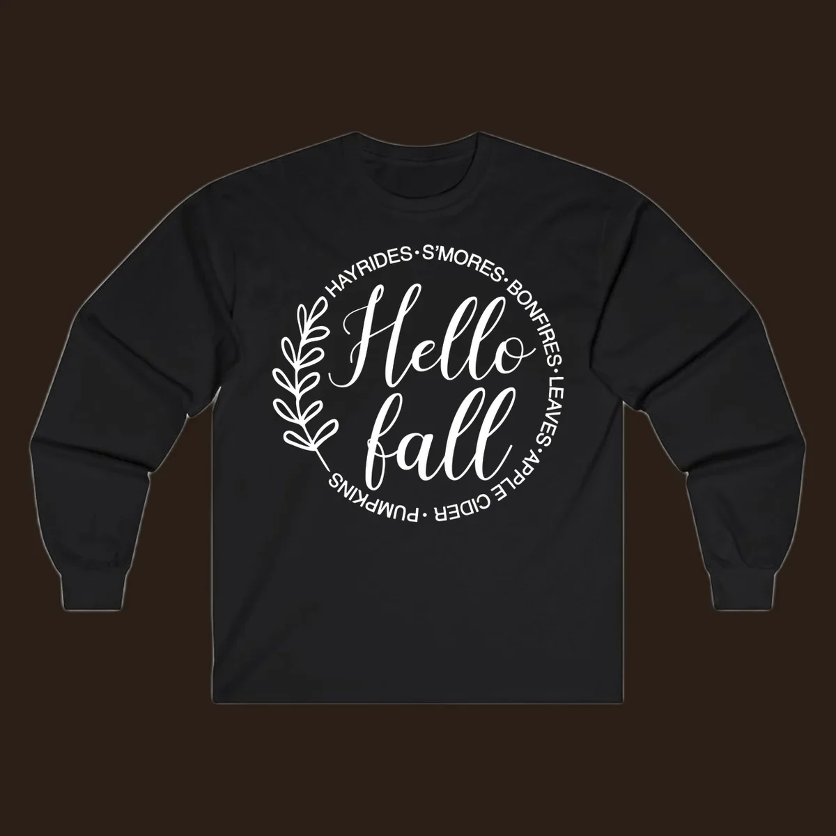 Hello fall seasonal wreath with activities text, white on black and white backgrounds.