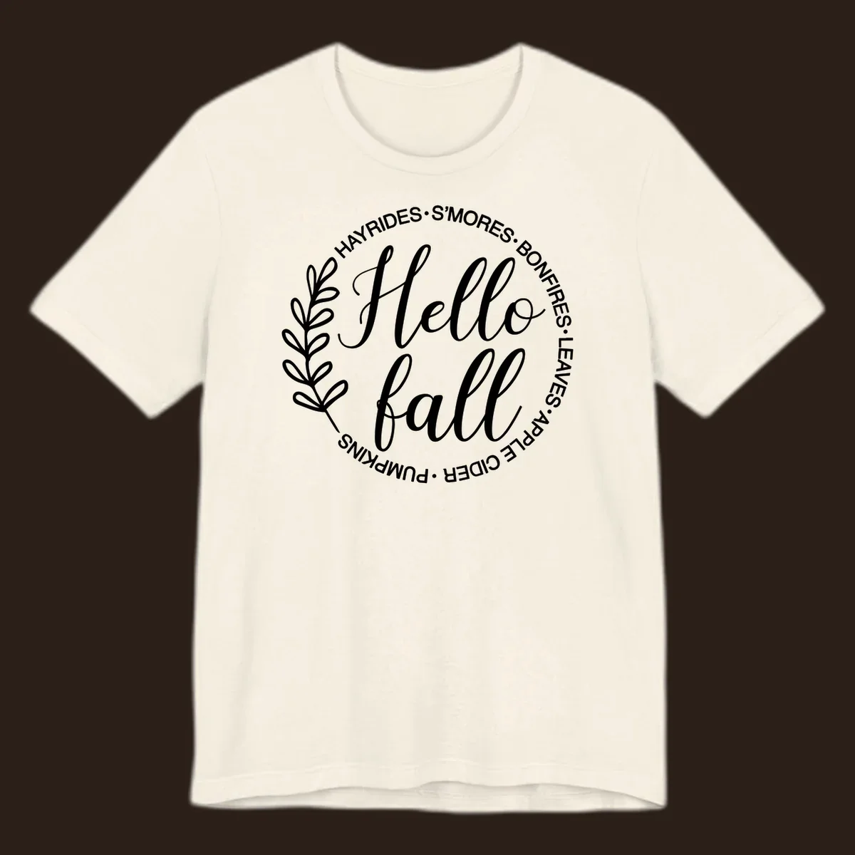 Hello fall seasonal wreath with activities text, white on black and white backgrounds.