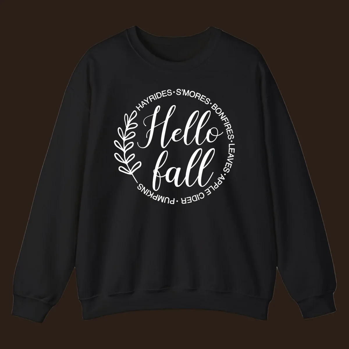 Hello fall seasonal wreath with activities text, white on black and white backgrounds.