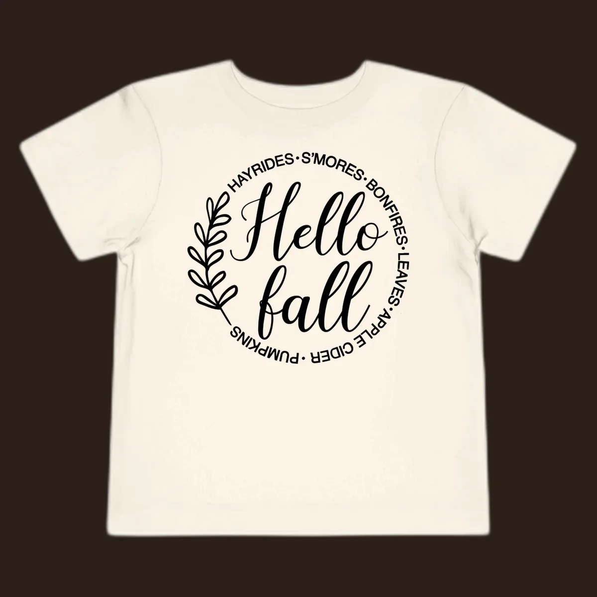 Hello fall seasonal wreath with activities text, white on black and white backgrounds.