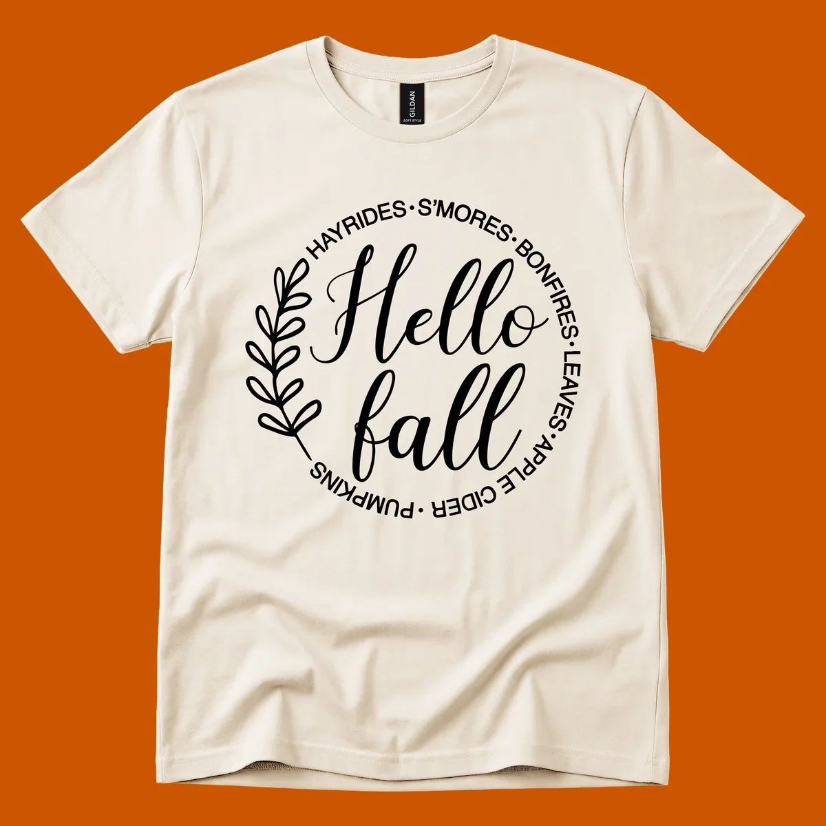 Hello fall seasonal wreath with activities text, white on black and white backgrounds.
