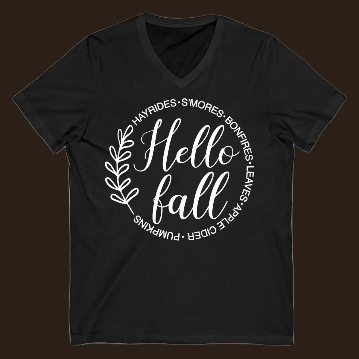 Hello fall seasonal wreath with activities text, white on black and white backgrounds.