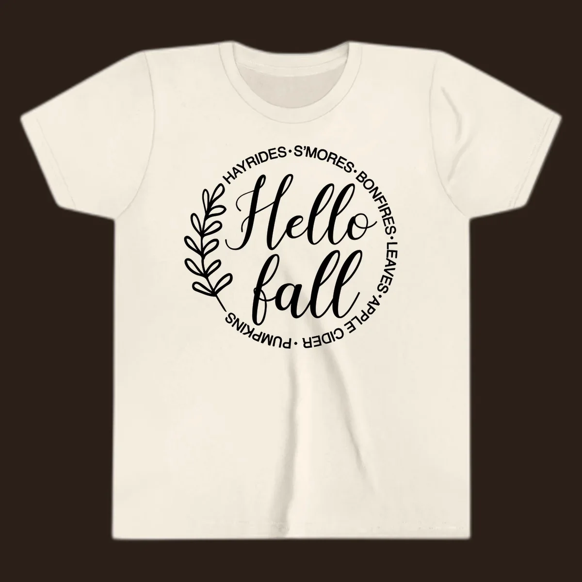 Hello fall seasonal wreath with activities text, white on black and white backgrounds.