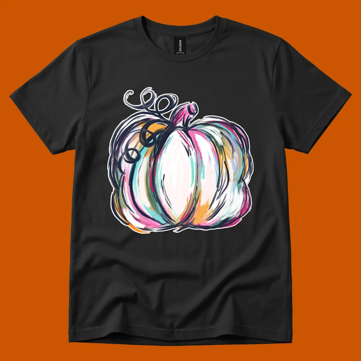 Abstract pumpkin with colorful brush strokes and swirls, fall graphic.