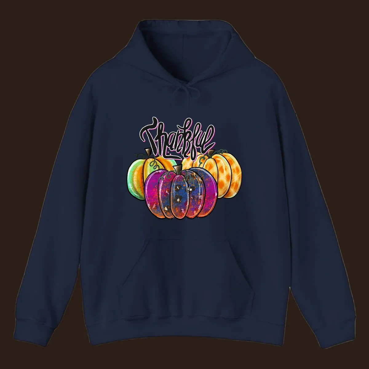 Fall pumpkin patch thankful script design. Colorful pumpkins with text.