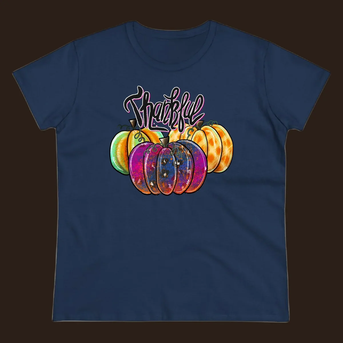 Fall pumpkin patch thankful script design. Colorful pumpkins with text.