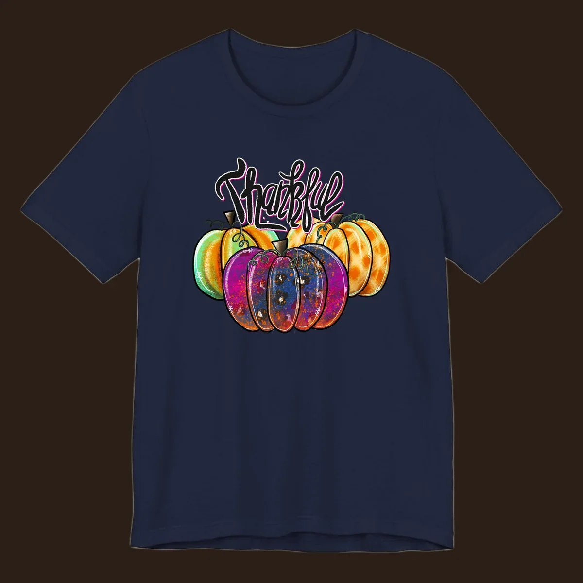 Fall pumpkin patch thankful script design. Colorful pumpkins with text.