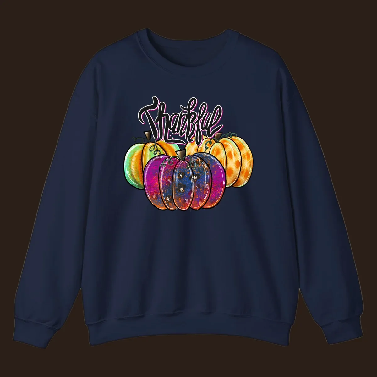 Fall pumpkin patch thankful script design. Colorful pumpkins with text.