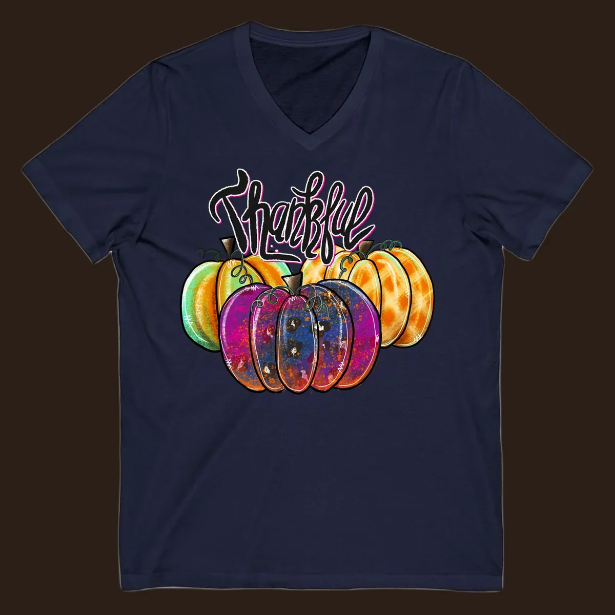 Fall pumpkin patch thankful script design. Colorful pumpkins with text.