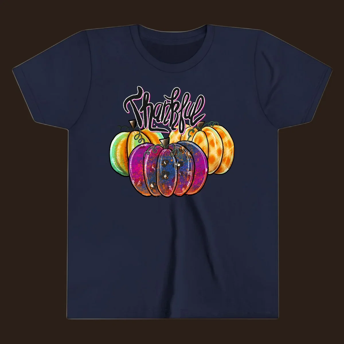 Fall pumpkin patch thankful script design. Colorful pumpkins with text.