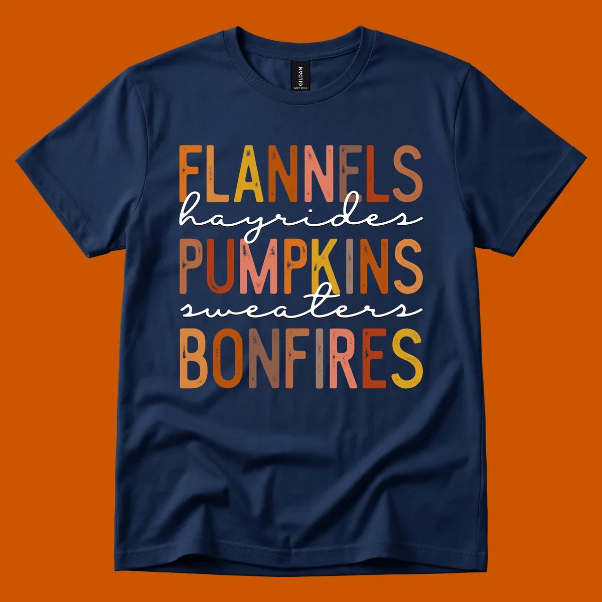 Fall word collection design with flannels, pumpkins, and bonfires.