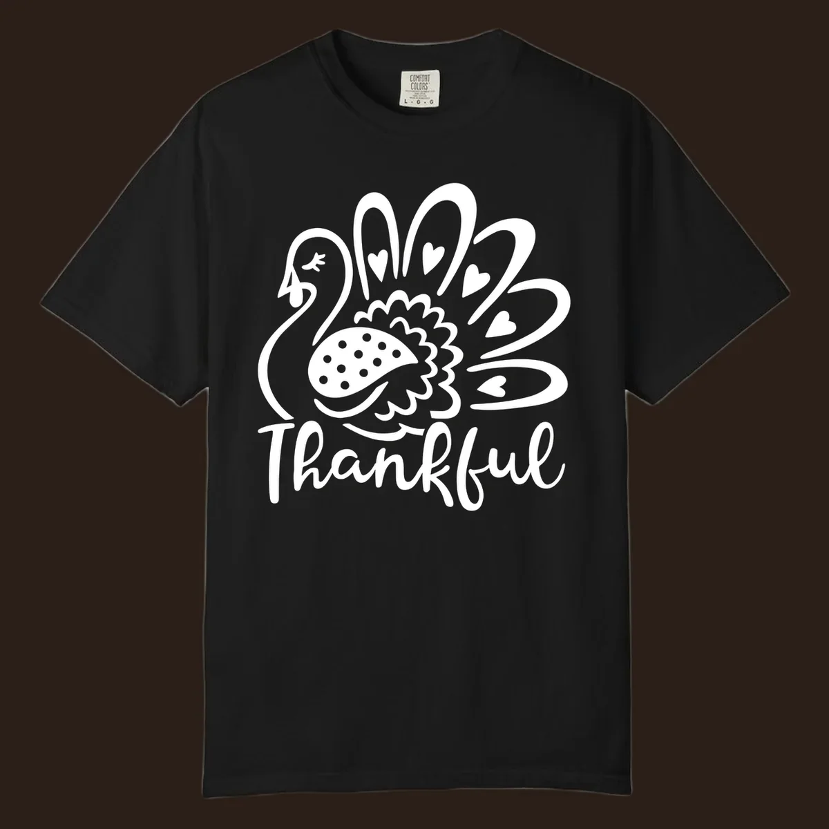 Cute thankful turkey illustration with hearts and polka dots, Thanksgiving shirt design.