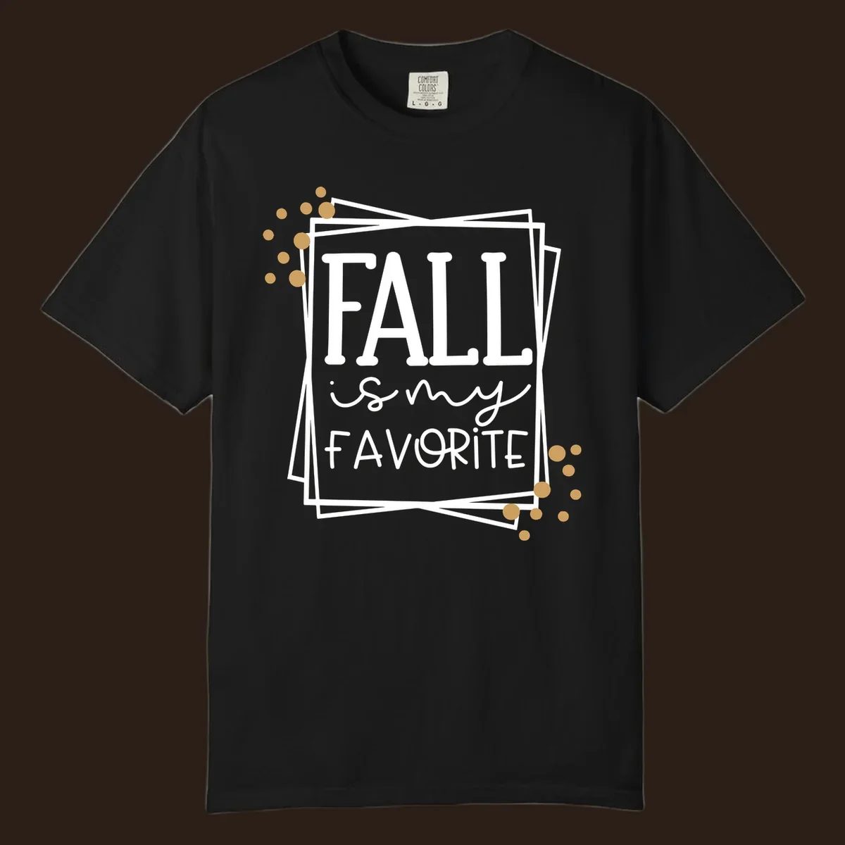 Fall is my favorite phrase typography design with white and gold accents on a black background.