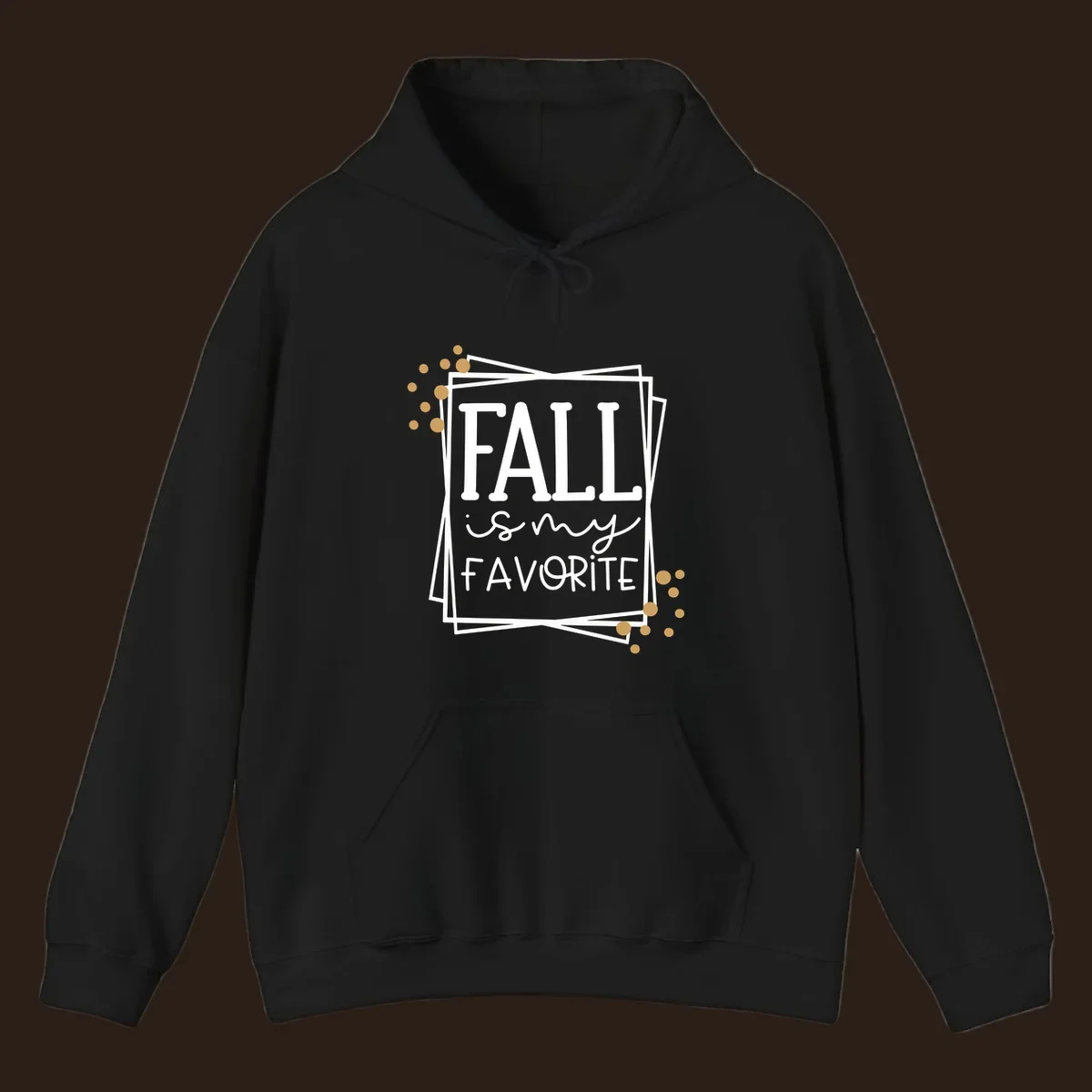 Fall is my favorite phrase typography design with white and gold accents on a black background.