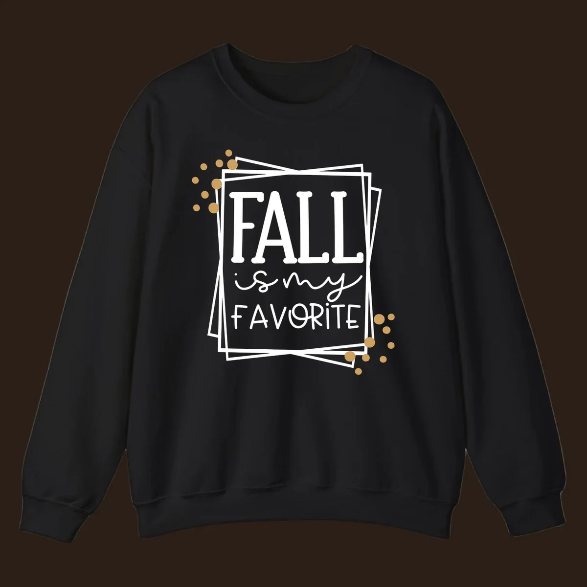 Fall is my favorite phrase typography design with white and gold accents on a black background.