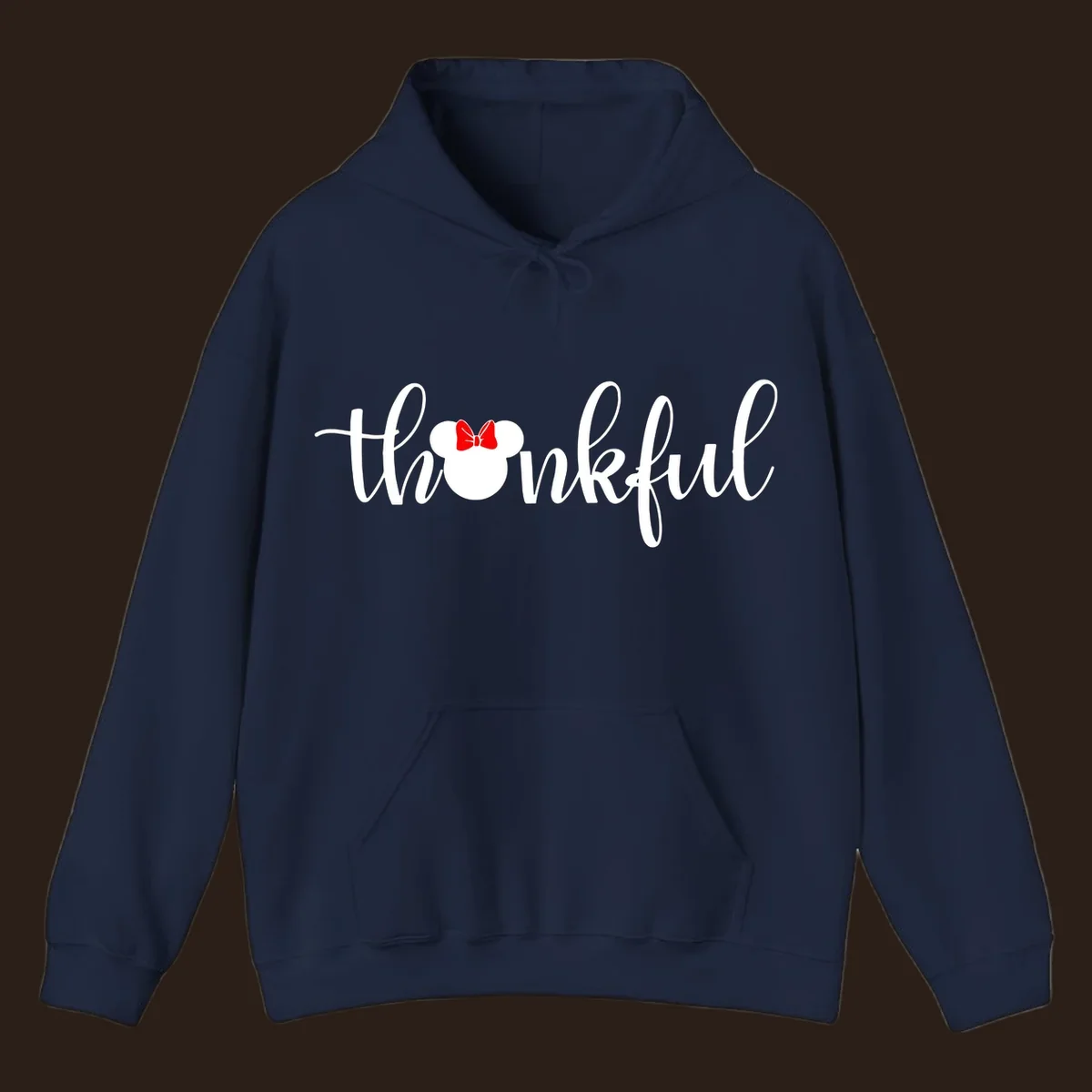 Minnie Mouse silhouette replaces the 'o' in the word 'thankful' in a script font.