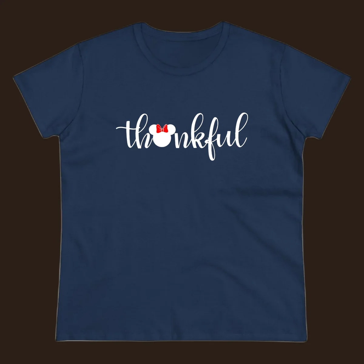 Minnie Mouse silhouette replaces the 'o' in the word 'thankful' in a script font.