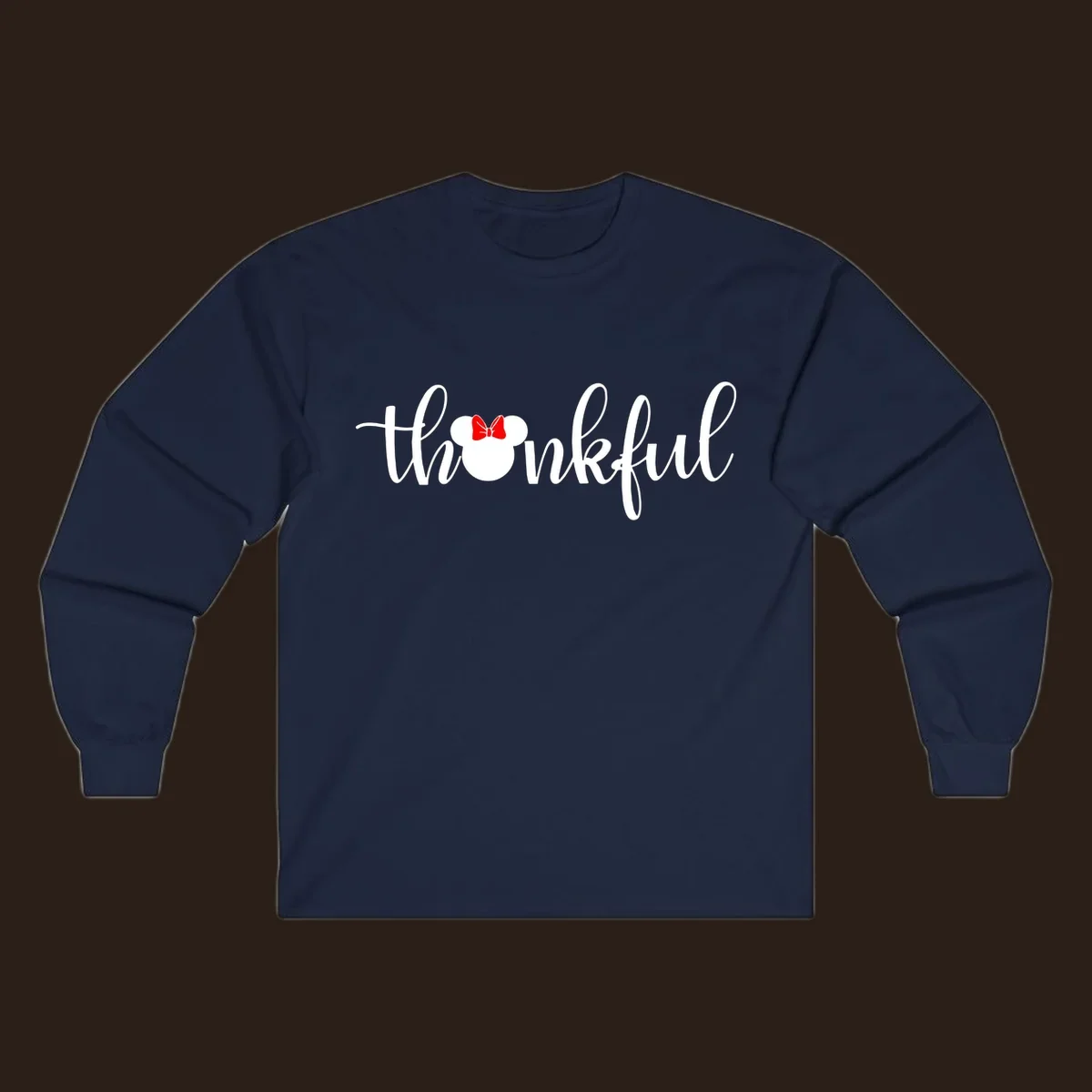 Minnie Mouse silhouette replaces the 'o' in the word 'thankful' in a script font.