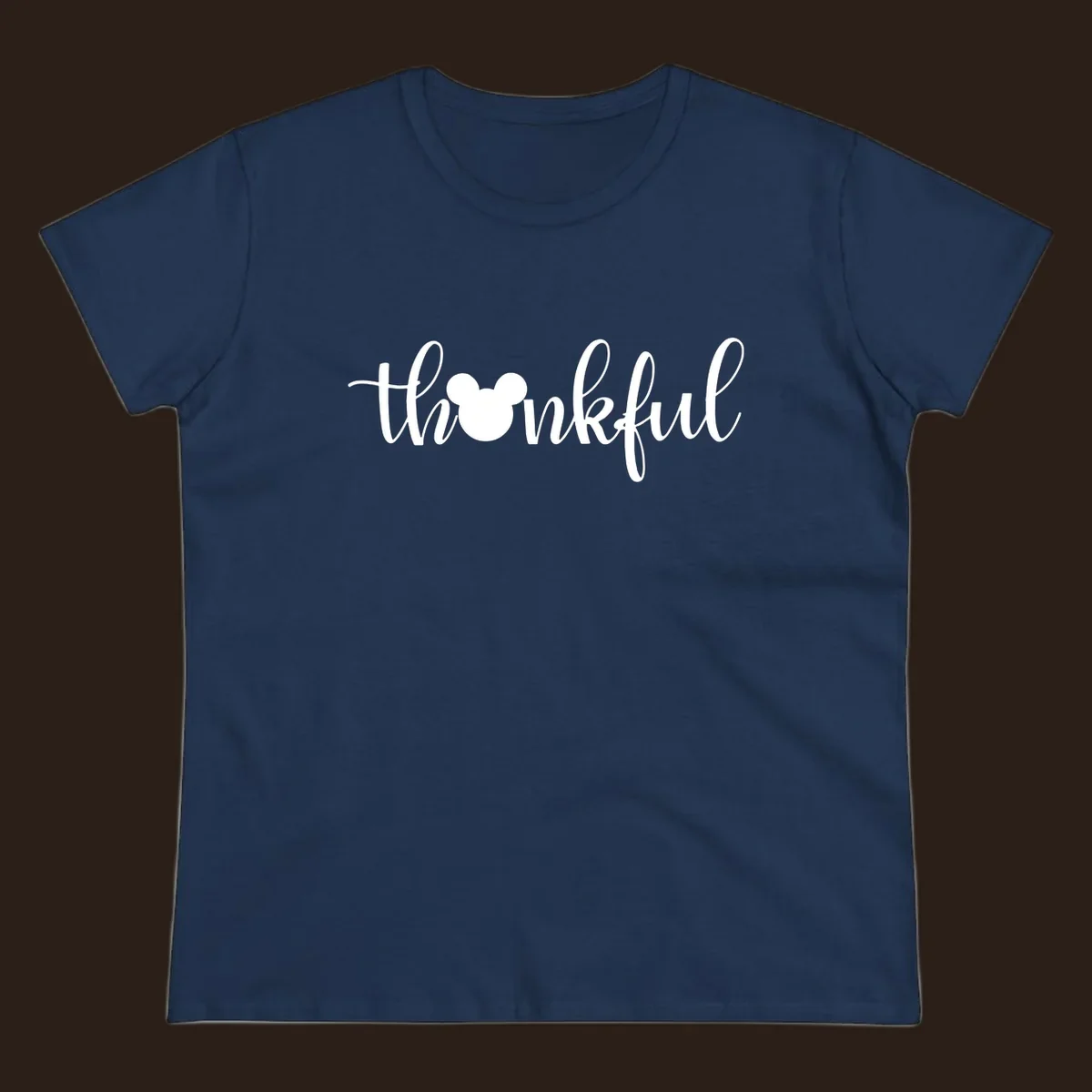 Script text 'thankful' with Mickey Mouse head silhouette replacing the 'o', in white and black variants.