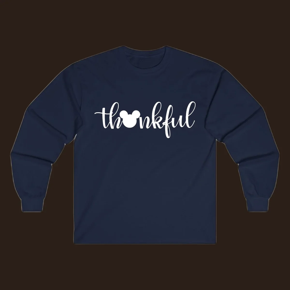 Script text 'thankful' with Mickey Mouse head silhouette replacing the 'o', in white and black variants.